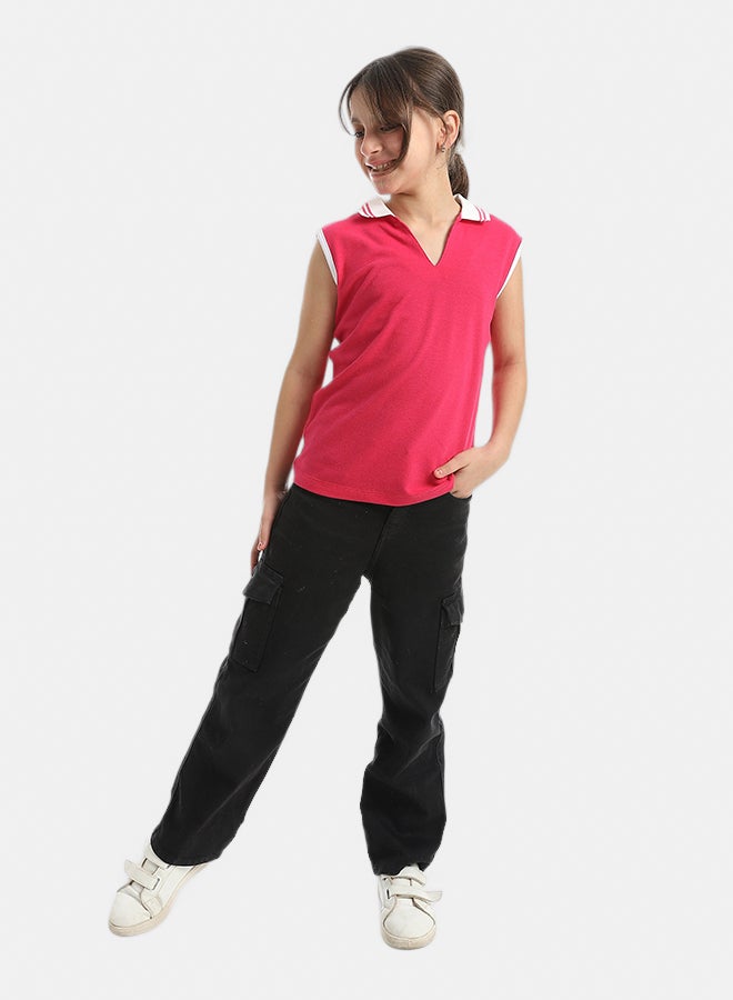 Andora Cut Sleeves Turned Down Collar V-Neck Dark Pink T-Shirt_Pink - Image 5