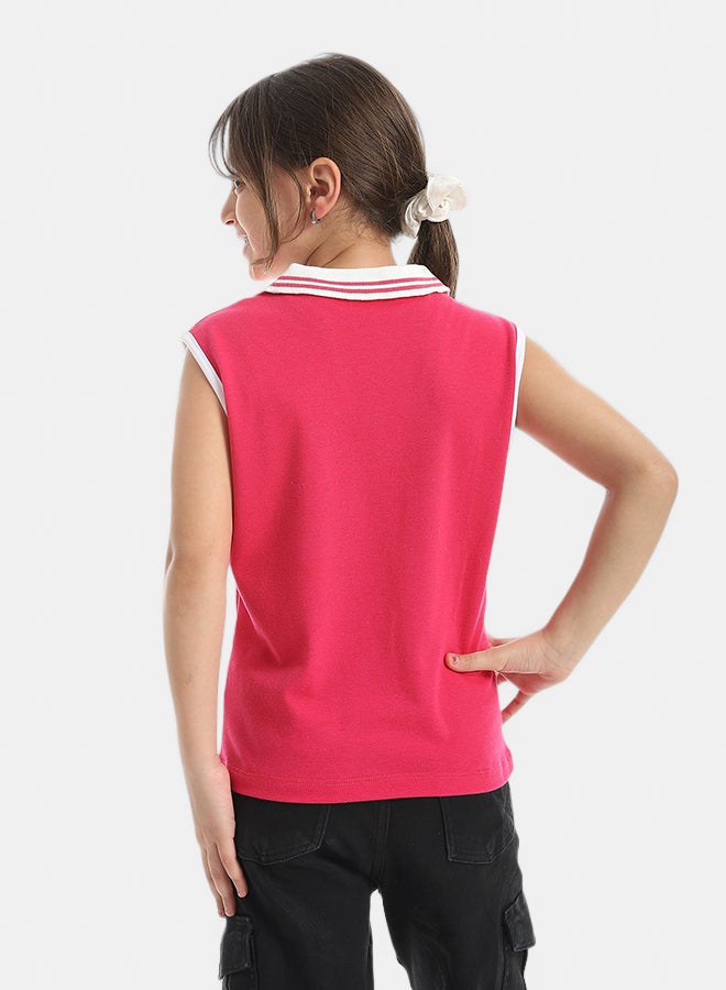 Andora Cut Sleeves Turned Down Collar V-Neck Dark Pink T-Shirt_Pink - Image 3