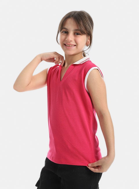 Cut Sleeves Turned Down Collar V-Neck Dark Pink T-Shirt_Pink