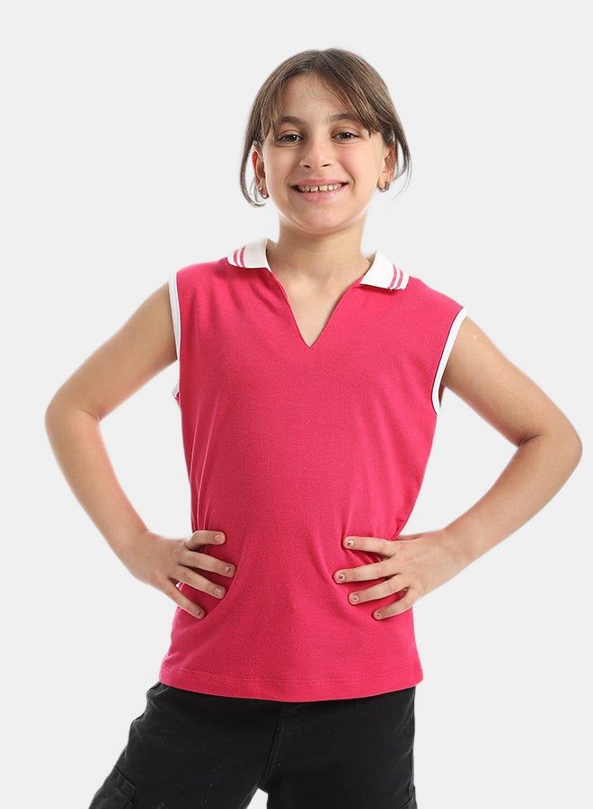 Andora Cut Sleeves Turned Down Collar V-Neck Dark Pink T-Shirt_Pink - Image 4