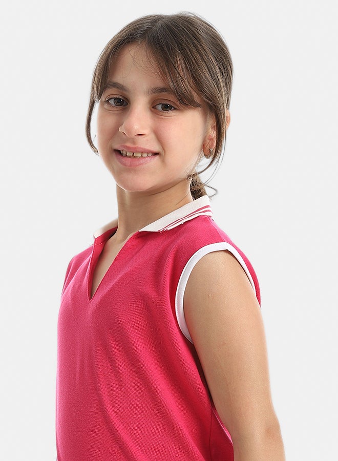 Andora Cut Sleeves Turned Down Collar V-Neck Dark Pink T-Shirt_Pink - Image 2