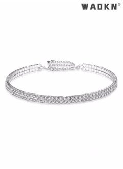 WAOKN 4 Pcs Rhinestone Choker Bracelet Ring Earrings Studs Set Double Row Round Diamond Collar Necklace Bridal Evening Dress Accessories for Women Bracelet Stretch Ring Bridal Party Jewelry Silver/Clear  - Image 2