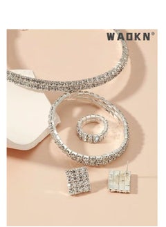 WAOKN 4 Pcs Rhinestone Choker Bracelet Ring Earrings Studs Set Double Row Round Diamond Collar Necklace Bridal Evening Dress Accessories for Women Bracelet Stretch Ring Bridal Party Jewelry Silver/Clear  - Image 5