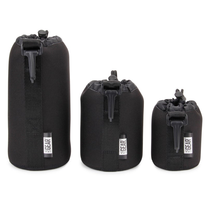 USA GEAR FlexARMOR Protective Neoprene Lens Case Pouch Set 3-Pack - Small, Medium and Large Cases Hold Lenses up to 70-300mm with Drawstring Opening, Attached Clip, Reinforced Belt Loop (Black) - Image 1