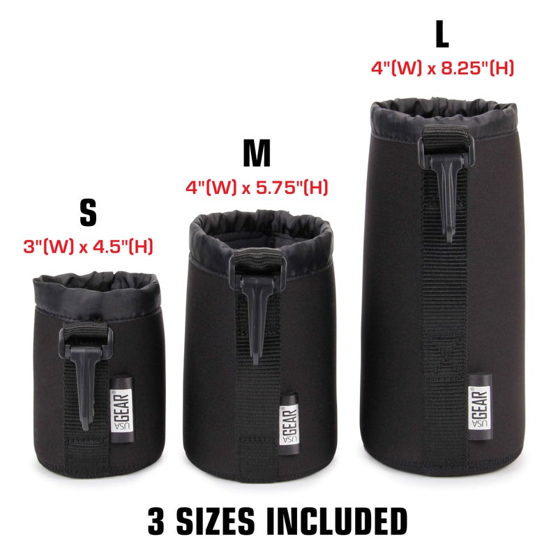 USA GEAR FlexARMOR Protective Neoprene Lens Case Pouch Set 3-Pack - Small, Medium and Large Cases Hold Lenses up to 70-300mm with Drawstring Opening, Attached Clip, Reinforced Belt Loop (Black) - Image 3