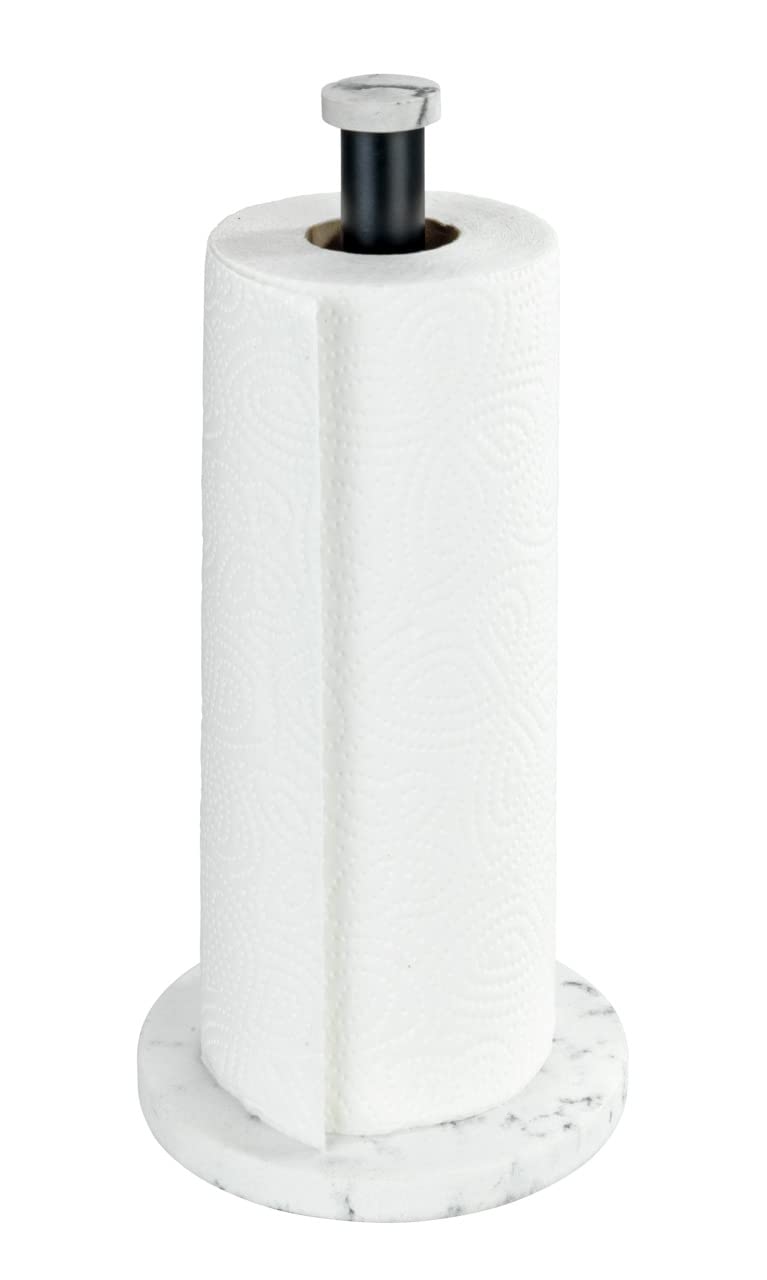 WENKO Kitchen roll holder marble standing kitchen roll holder in elegant marble look for the kitchen with base made of plastic and black bar made of metal WD x H  15 x 32 cm white
