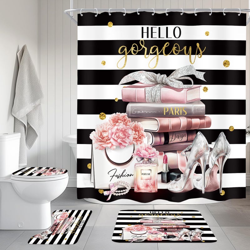 Cinbloo 4Pcs Pink Black Girls Bathroom Sets with Shower Curtain and Rugs Fashion Flower Perfume Toilet Lid Cover Bath Mat Women Girly White Striped High Heels Books Shower Curtain with 12 Hooks - Image 2