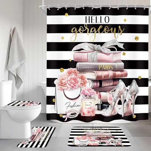 Cinbloo 4Pcs Pink Black Girls Bathroom Sets with Shower Curtain and Rugs Fashion Flower Perfume Toilet Lid Cover Bath Mat Women Girly White Striped High Heels Books Shower Curtain with 12 Hooks - Image 1