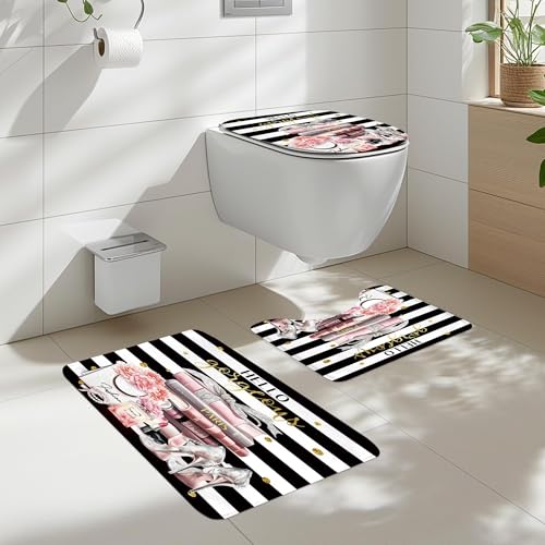 Cinbloo 4Pcs Pink Black Girls Bathroom Sets with Shower Curtain and Rugs Fashion Flower Perfume Toilet Lid Cover Bath Mat Women Girly White Striped High Heels Books Shower Curtain with 12 Hooks - Image 3