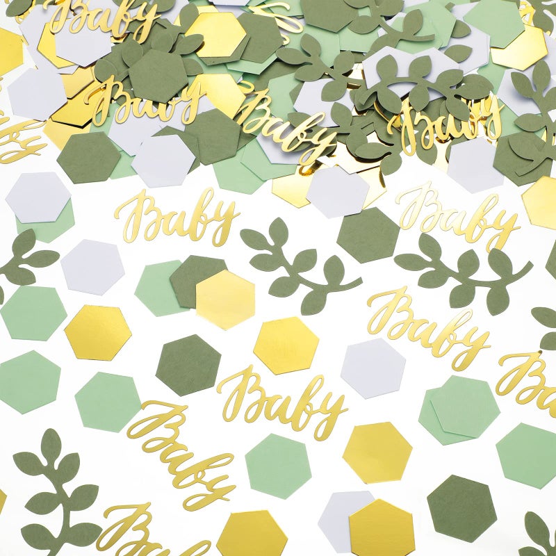Lewtemi 220 Pcs Greenery Baby Shower Confetti Table Decoration with Eucalyptus Sage Green Gold Paper Neutral Confetti Scatter Hexagon Shape for Baby Girl Boy Gender Reveal Birthday Party DecorFresh Color 