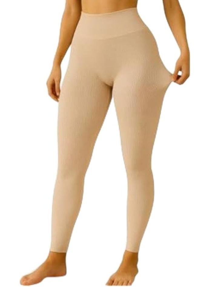 High Waist Ribbed Cotton Sports Leggings Stretchy Elastic Fabric Comfortable Fit for Women Up to 105 kg