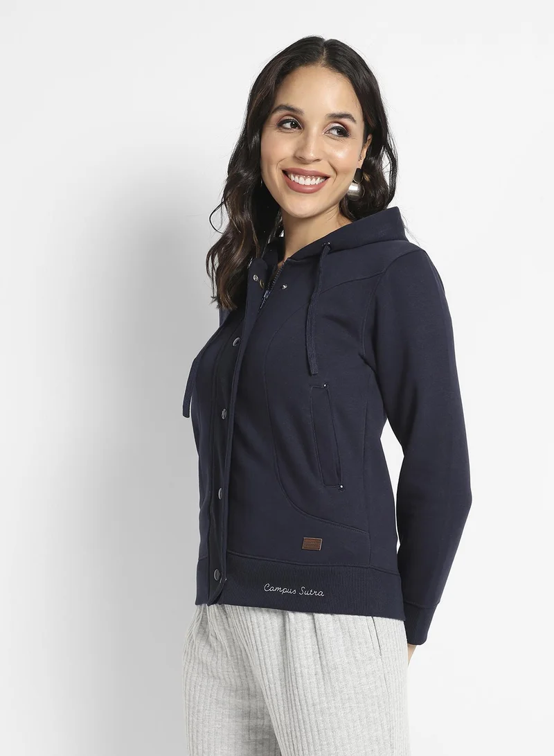 Campus Sutra Women's Navy Blue Hooded Jacket With Angled Open Pockets