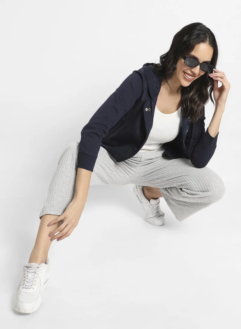 Campus Sutra Women's Navy Blue Hooded Jacket With Angled Open Pockets
