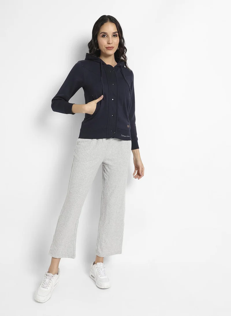 Campus Sutra Women's Navy Blue Hooded Jacket With Angled Open Pockets