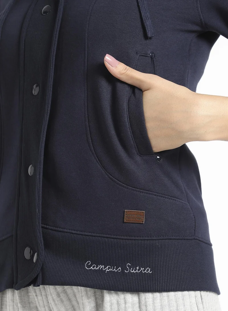 Campus Sutra Women's Navy Blue Hooded Jacket With Angled Open Pockets
