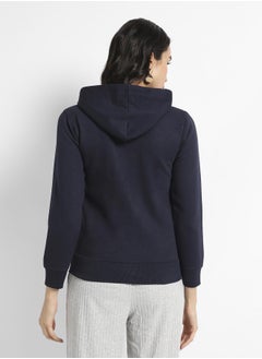 Campus Sutra Women's Navy Blue Hooded Jacket With Angled Open Pockets  - Image 5