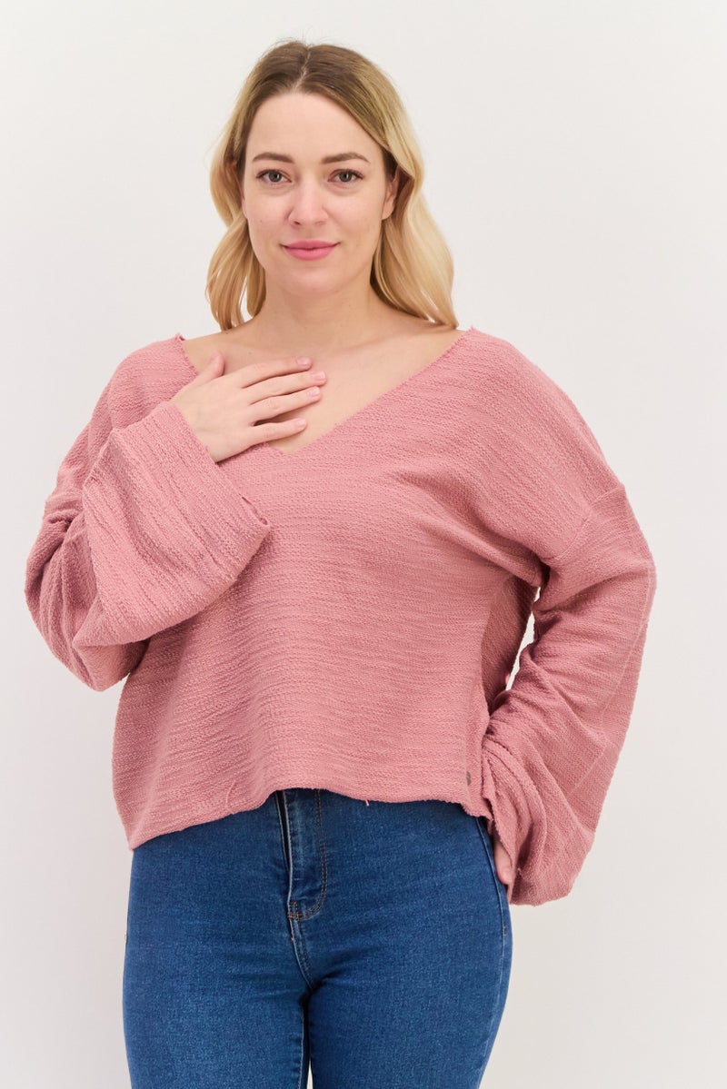 Roxy Women V-Neck Long Sleeve Textured Top, Old Rose - Image 1