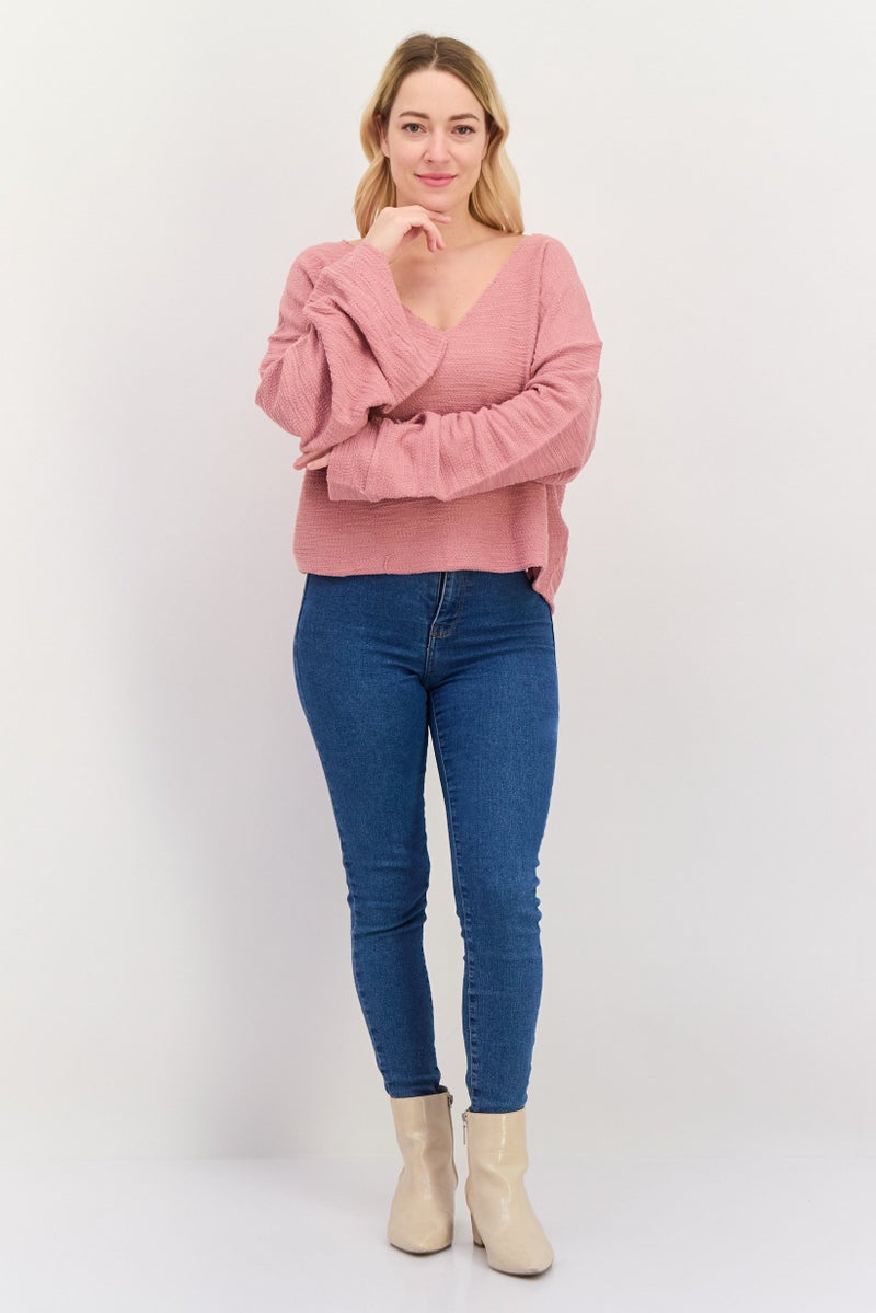 Roxy Women V-Neck Long Sleeve Textured Top, Old Rose - Image 4