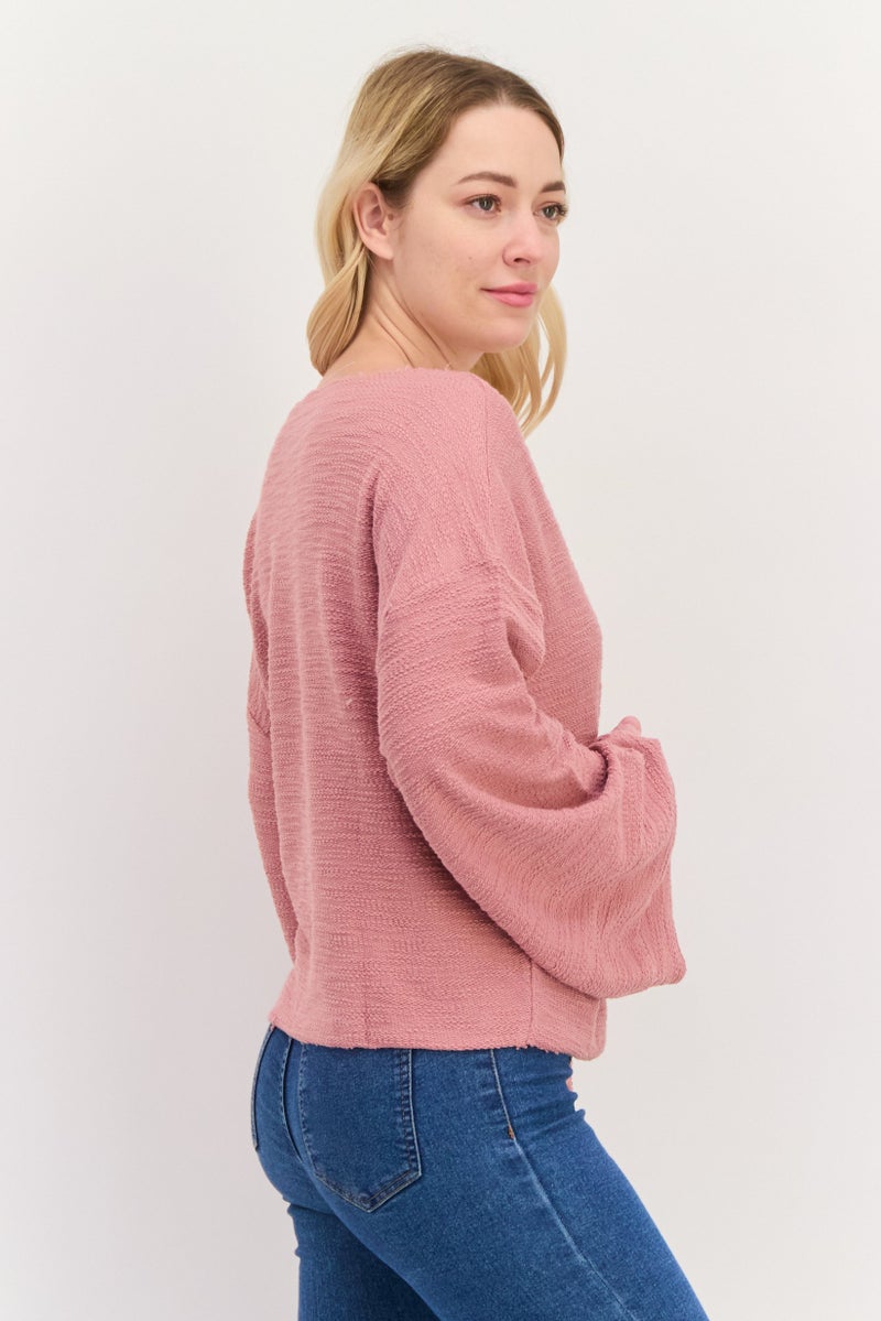 Roxy Women V-Neck Long Sleeve Textured Top, Old Rose - Image 3