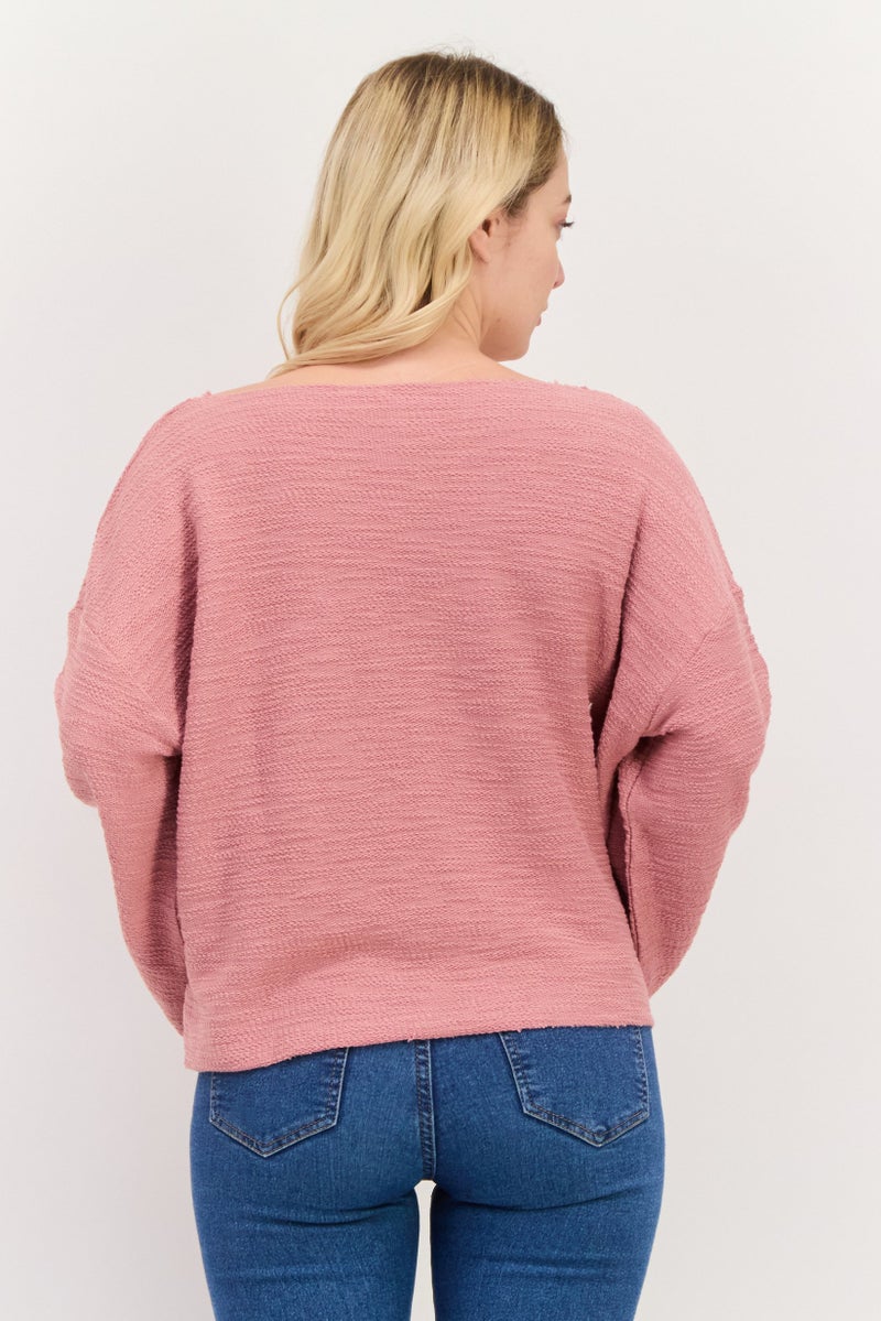 Roxy Women V-Neck Long Sleeve Textured Top, Old Rose - Image 2