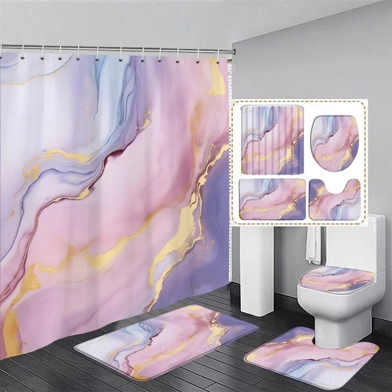 Y&D Abstract Pink Marble Shower Curtain Set Purple Gold Textured Geometric Pattern Modern Home Bathroom Decor Bath Mats Toilet Cover - Image 2