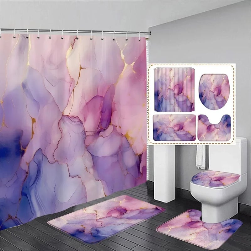 Y&D Abstract Pink Marble Shower Curtain Set Purple Gold Textured Geometric Pattern Modern Home Bathroom Decor Bath Mats Toilet Cover - Image 3