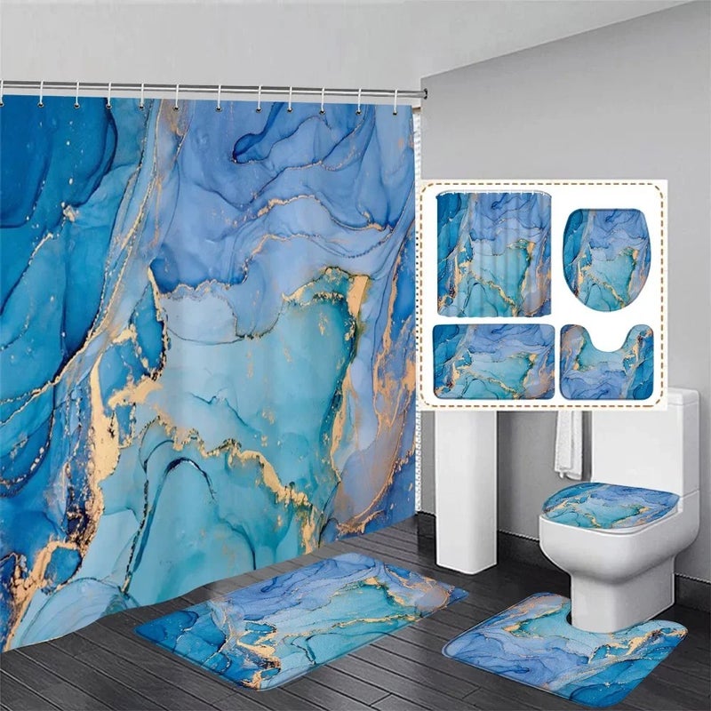 Y&D Abstract Pink Marble Shower Curtain Set Purple Gold Textured Geometric Pattern Modern Home Bathroom Decor Bath Mats Toilet Cover - Image 4