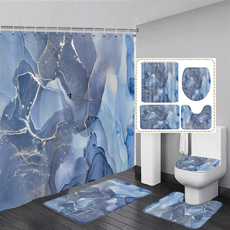Y&D Abstract Pink Marble Shower Curtain Set Purple Gold Textured Geometric Pattern Modern Home Bathroom Decor Bath Mats Toilet Cover - Image 5
