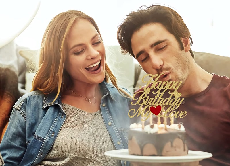 Festiko® Happy Birthday My Love Cake Topper-Gold Glitter My Love Birthday Party Cake Decoration Supply - Lover Birthday Cake Topper with Heart for Wife, Husband, Children or Parent - Image 5