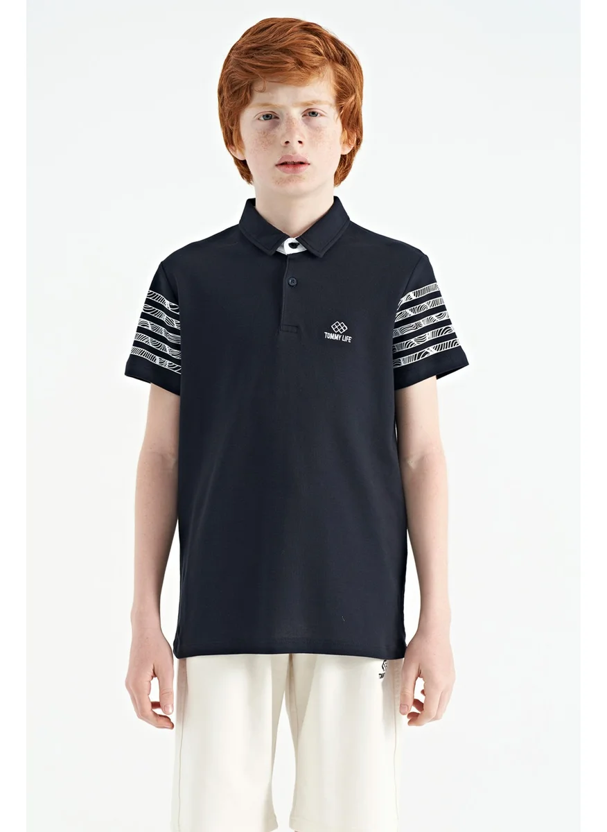 تومي لايف Navy Blue Sleeve Print Detailed Standard Pattern Polo Collar Boy's T-Shirt - 11093
