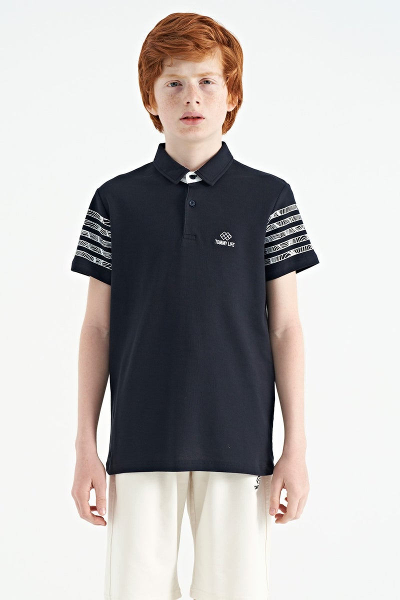 Tommy Life Navy Blue Sleeve Print Detailed Standard Pattern Polo Collar Boy's T-Shirt - 11093  - Image 1