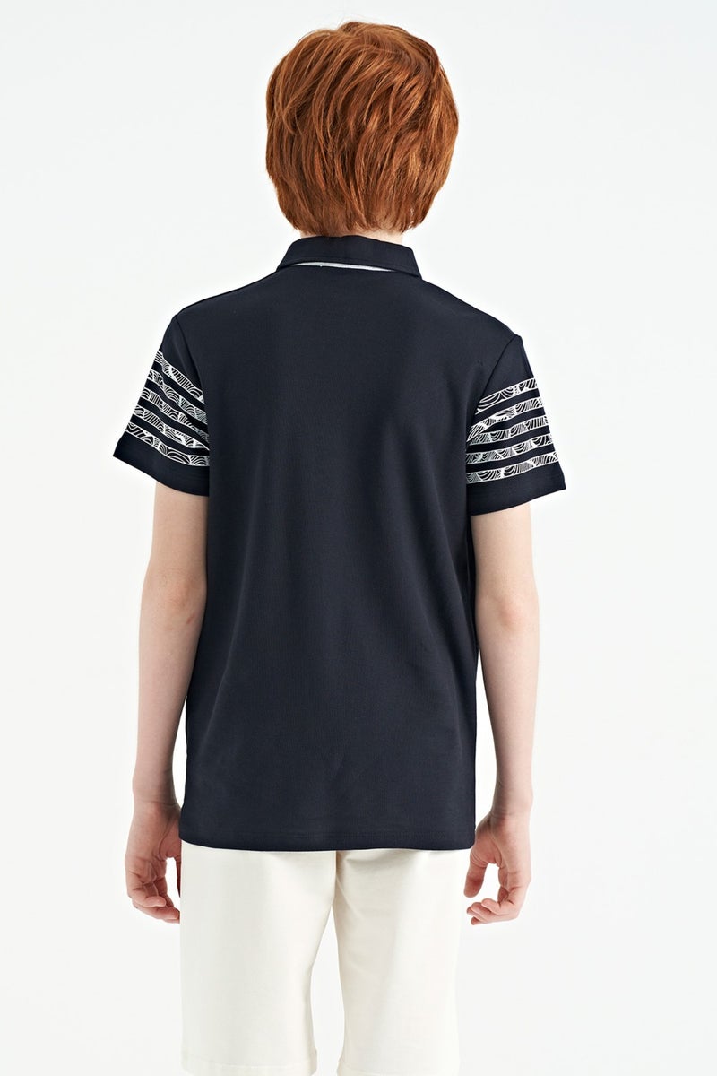 Tommy Life Navy Blue Sleeve Print Detailed Standard Pattern Polo Collar Boy's T-Shirt - 11093  - Image 4