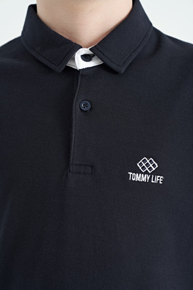Tommy Life Navy Blue Sleeve Print Detailed Standard Pattern Polo Collar Boy's T-Shirt - 11093  - Image 5