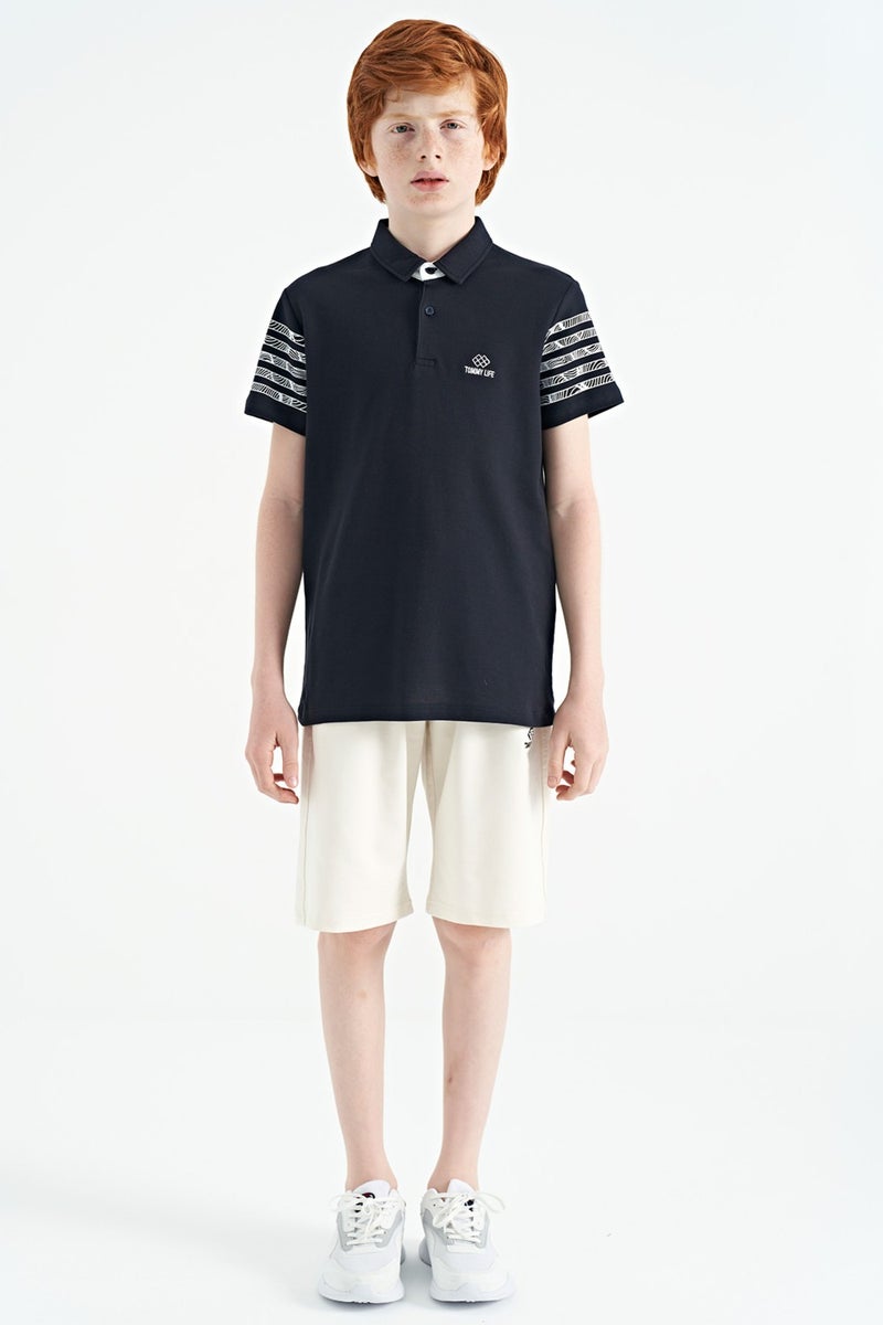 Tommy Life Navy Blue Sleeve Print Detailed Standard Pattern Polo Collar Boy's T-Shirt - 11093  - Image 3