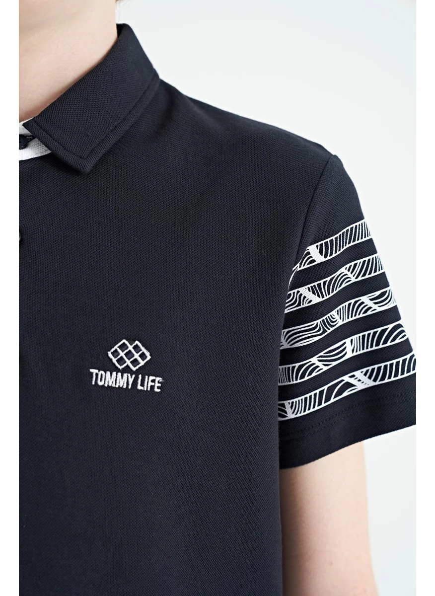 تومي لايف Navy Blue Sleeve Print Detailed Standard Pattern Polo Collar Boy's T-Shirt - 11093