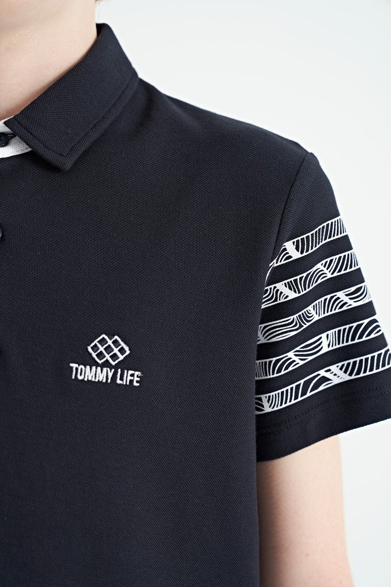 Tommy Life Navy Blue Sleeve Print Detailed Standard Pattern Polo Collar Boy's T-Shirt - 11093  - Image 2