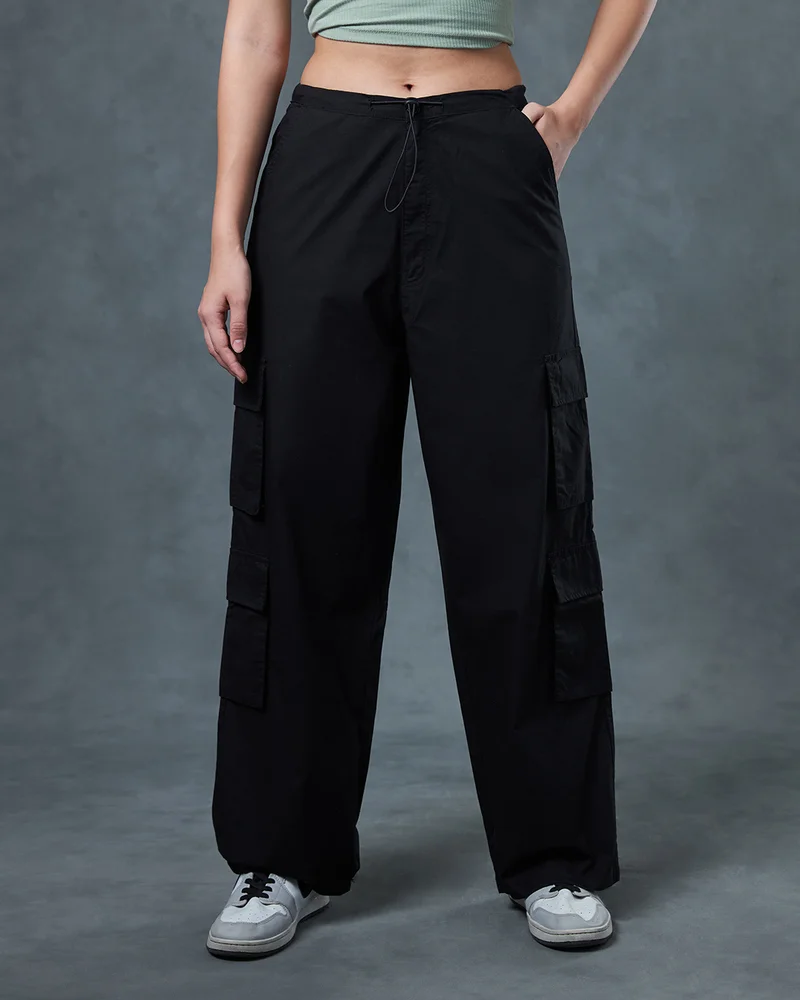 bewakoof Women's Black Baggy Oversized Cargo Parachute Pants