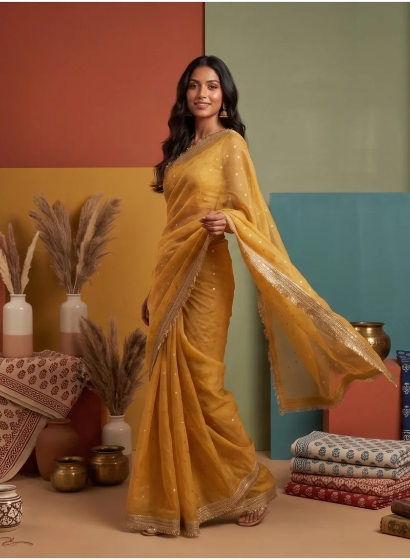 Nool  Haldi Organza Saree with Unstitched Blouse for Women | Best Price UAE