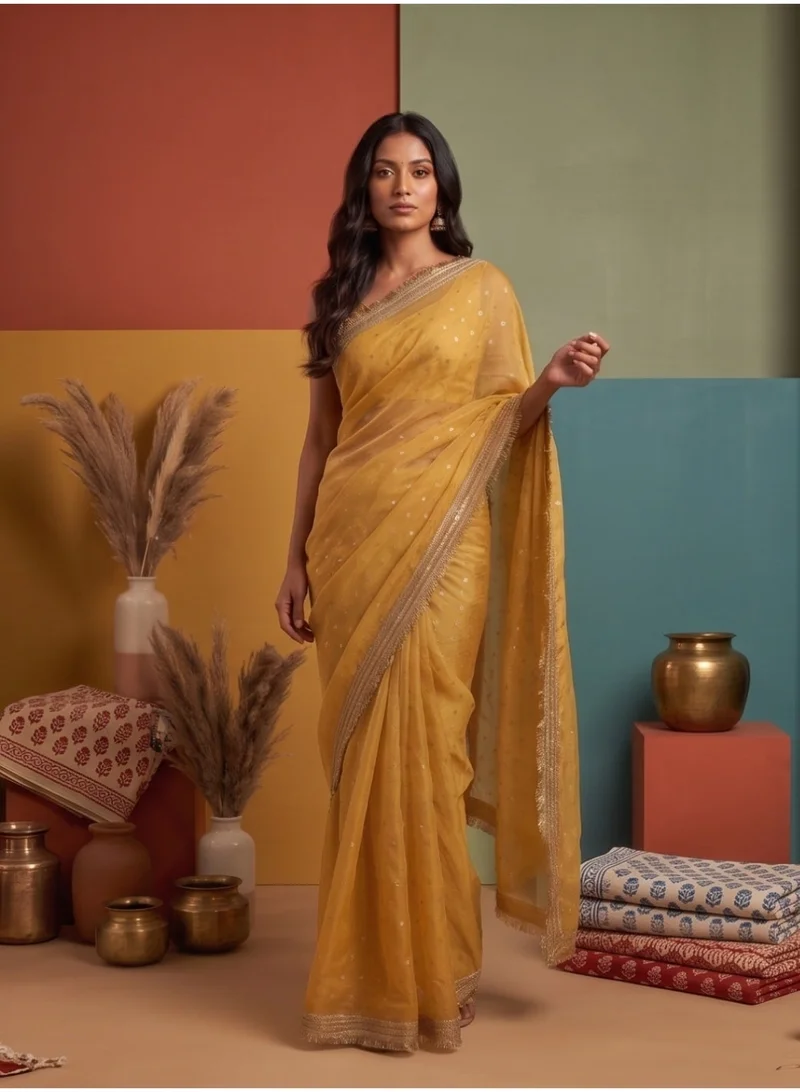 Nool  Haldi Organza Saree with Unstitched Blouse for Women | Best Price UAE