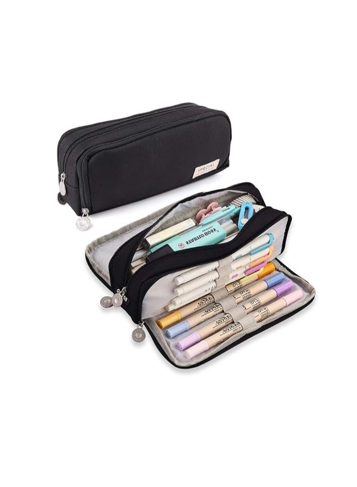 يلا جوي كبير مربع قلم رصاص ، قلم رصاص حقيبة 3-grid ، طفل كبير قدرة قلم رصاص حقيبة ، مراهق طالب وطالبة ، أكسفورد اللوازم منظم القلم حقيبة مستحضرات التجميل ، حقيبة مستحضرات التجميل ( أسود ) - Image 1