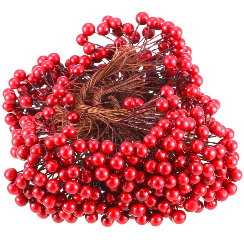 BBTO BBTO Artificial Holly Berries on Wire Stems  250 Stems with 500 Pieces 8 mm Fake Berries for Tree Decorations Wreath Craft Use Wedding Party Favor (Red)  - Image 1