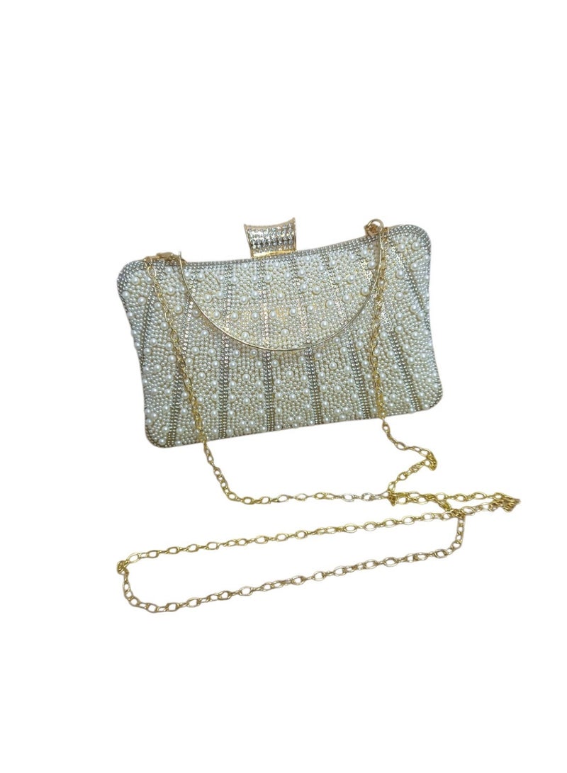 Women's Crystal & Pearl Evening Clutch Bag – Handbag and Crossbody Purse with Metal Handle for Parties & Special Occasions - Image 4
