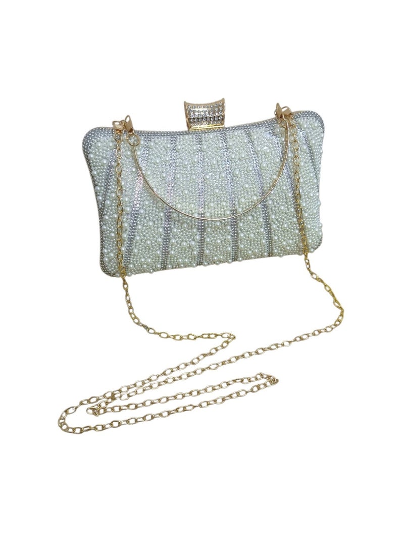 Women's Crystal & Pearl Evening Clutch Bag – Handbag and Crossbody Purse with Metal Handle for Parties & Special Occasions - Image 3
