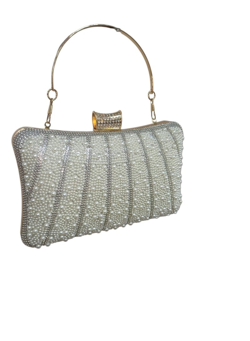 Women's Crystal & Pearl Evening Clutch Bag – Handbag and Crossbody Purse with Metal Handle for Parties & Special Occasions - Image 2