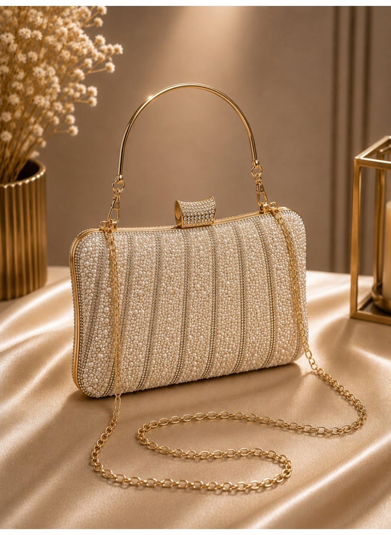 Women's Crystal & Pearl Evening Clutch Bag – Handbag and Crossbody Purse with Metal Handle for Parties & Special Occasions - Image 1