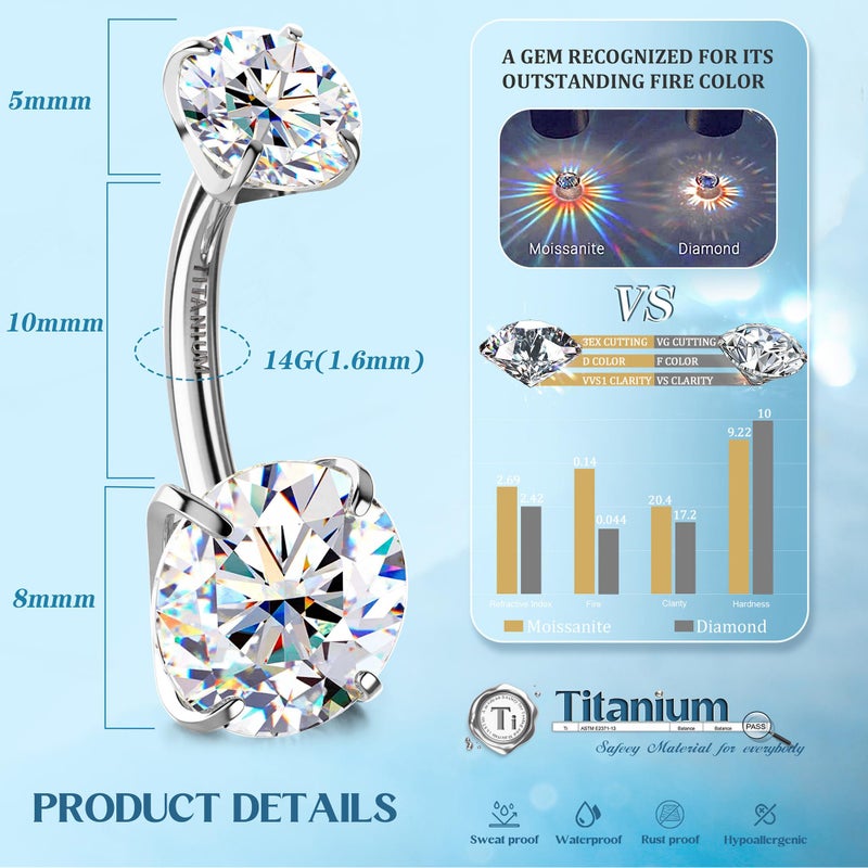 GEMQUEEN TItanium Belly Button Ring - Hypoallergenic Internally Threaded Moissanite Belly Rings 14G Navel Piercing Jewelry For Women Men Brilliant Cut Round simulated damond - Image 2