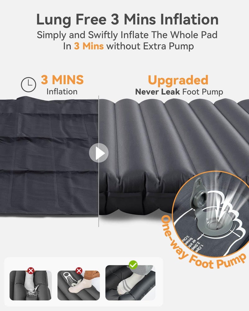 Hikenture Double Sleeping Pad for Camping, 4" Extra-Thick Camping Mattress 2 Person, Inflatable & Ultralight Sleeping Mat for Backpacking, Hiking (Grey Foot Pump, Semi Double(79 * 47.5 in)) - Image 4
