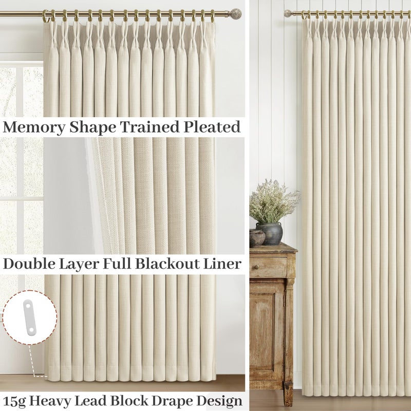 PleatedDrapes Cream Beige Floor to Length Tall Curtains & Drapes 108 Inches Long 2 Panels for Living Room, Lush Pinch Pleated Linen Blend Black Out Thermal Curtain for Sliding Glass Doors 40 x 108 Inch 2 Layer Burg - Image 4