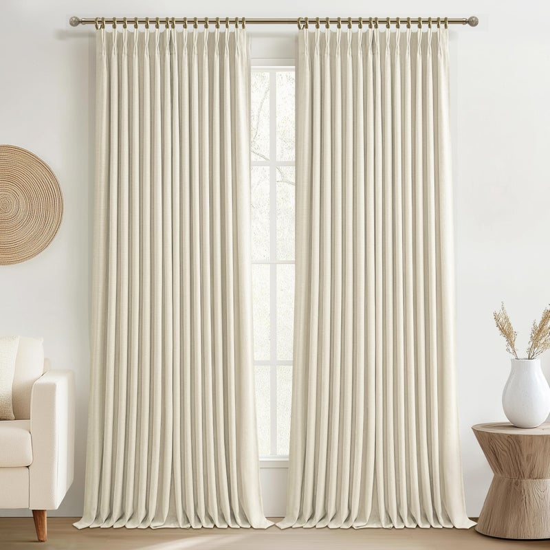 PleatedDrapes Cream Beige Floor to Length Tall Curtains & Drapes 108 Inches Long 2 Panels for Living Room, Lush Pinch Pleated Linen Blend Black Out Thermal Curtain for Sliding Glass Doors 40 x 108 Inch 2 Layer Burg - Image 1