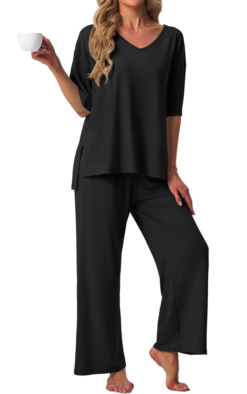 PrinStory Womens Pajama Sets Short Sleeve Pajamas Set 2 Piece Pjs Sets for Women Comfy Loungewear with Pockets Black-M - Image 1